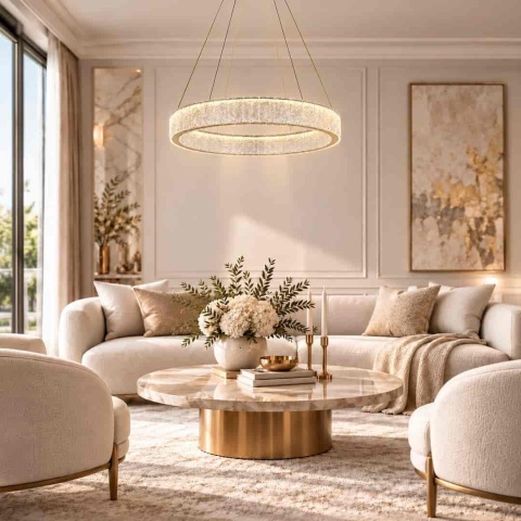 Lampa KINGDOM 40W nad stolikiem w eleganckim salonie